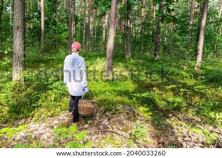 Woman with a wicker basket doing mushroom hunting in a forest n Poland. Royalty-Free Stock Photo #2040033260