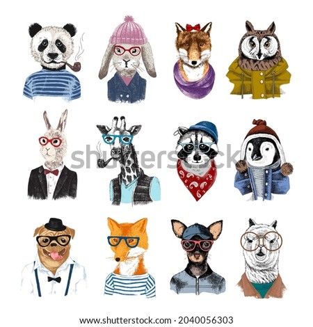 Set of 12 hand drawn colorful animals hipsters Royalty-Free Stock Photo #2040056303