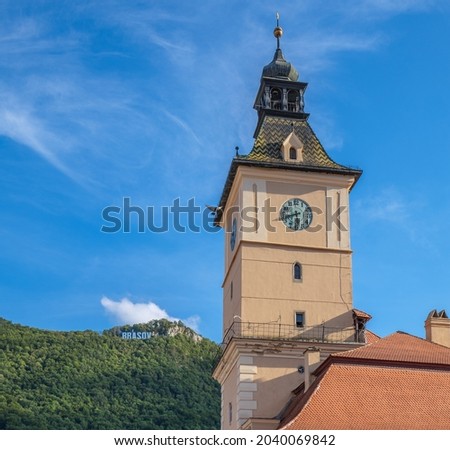 House of Council (Casa Sfatului), Brasov with clock tower and Brasov 'hollywood' copy sign on Tampa hill