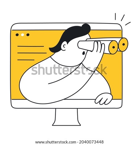 An Internet search, discovery process, exploration, looking forward with binoculars. Mission, identification, surveillance. A cute cartoon man with binoculars watching outside the computer display.  Royalty-Free Stock Photo #2040073448