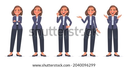 Business woman character set. A cute girl in a suit, a secretary or an employee of a company gestures and expresses emotions, thinks and doubts, an idea, indicates, is surprised. Vector illustration Royalty-Free Stock Photo #2040096299