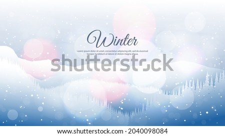 Vector illustration. Flat landscape. Snowy background. Snowdrifts. Snowfall. Clear blue sky. Blizzard. Cartoon wallpaper. Winter season. Forest trees and mountains. Design for website. Blurred lights Royalty-Free Stock Photo #2040098084