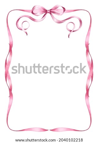 Frame of pink ribbons and bow.Watercolor hand painted illustrations isolated on white background.