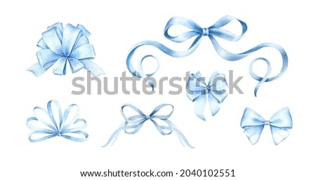 Hand painted Blue bows isolated on white background.