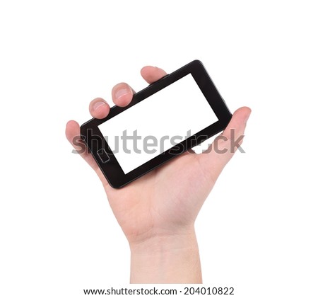 Hand holding smartphone. Isolated on a white background.