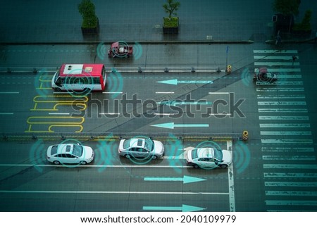 Ai tracking traffic vehicle car recognizing sensor preventing collision, speed limit information system, security surveillance camera monitoring traffic holographic artificial intelligent technology Royalty-Free Stock Photo #2040109979
