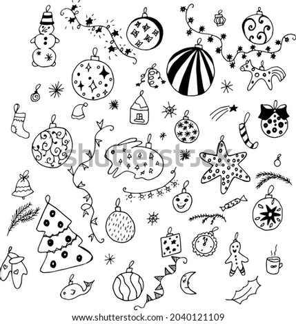 Vector set of Christmas doodle pictures. Christmas decorations, toys, snowflakes and garlands.