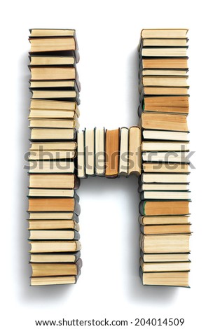 Letter H formed from the page ends of closed vintage hardcover books standing on a white background from a set or series of numbers
