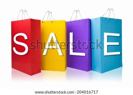 Colourful paper shopping bags, isolated with clipping path on white background.