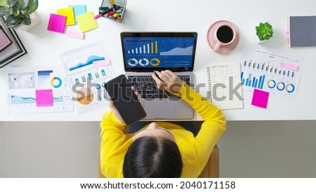 Above top desk of SME owner people home office call talk in SEO chart sale report paper or stock graph big data. Woman remote study MBA digital learn online of job career reskill upskill work plan.