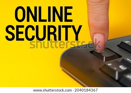 Text caption presenting Online Security. Conceptual photo act of ensuring the security of transactions done online Hands pointing pressing computer keyboard keys typewriting new ideas.