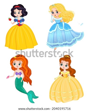 cartoon characters snow white, cinderella, the little mermaid ariel and belle isolated on white background. beautiful fairy princesses in elegant dresses 