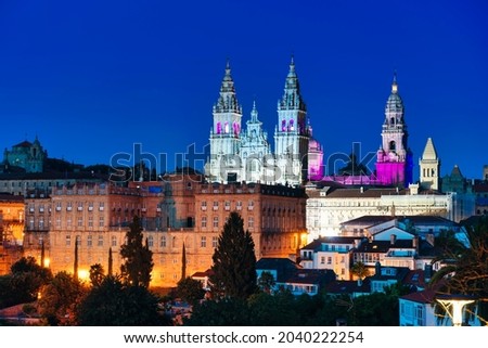 panoramic view of the cathedral of Santiago de Compostela in Spain - blue hour.

 Royalty-Free Stock Photo #2040222254