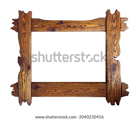 Stylish wooden frame isolated on white background. made of pine. Mockup. Empty horizontal template. Edges are jagged.