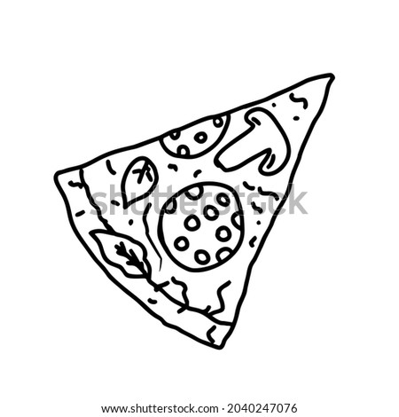 Pizza drawing, image for the menu. Cafe, pizzeria. Poster with slice of pizza.Black line drawing isolated on white .