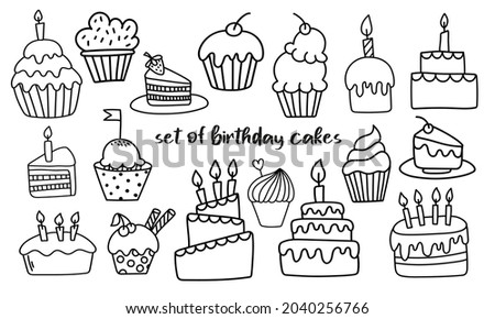 Doodle set with birthday cakes and pastries