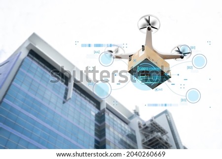 Futuristic Technology in smart technology society 5.0,network 5g and Smart city concept.Delivery drone used to transport packages fly on city background.sustainability and environmental harmony. Royalty-Free Stock Photo #2040260669