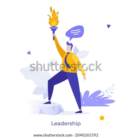 Businessman or entrepreneur holding burning torch and giving speech. Concept of leadership in business, successful leader or motivational speaker. Modern flat vector illustration for banner, poster.