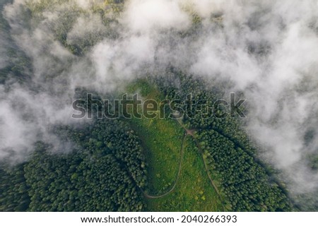 Top down aerial view of mountains covered  fog.
Treetops are covered with fog.
Colorful morning landscape.