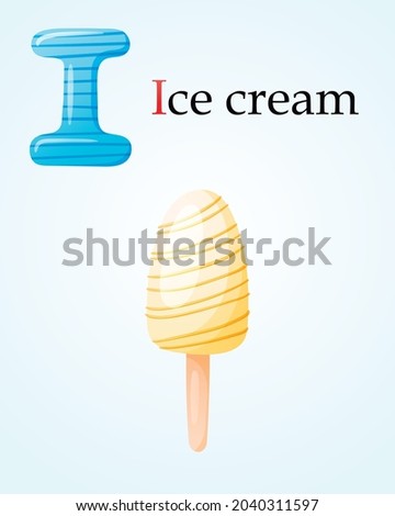 Kids banner template with english alphabet letter I and cartoon image of glazed vanilla ice cream on a stick.