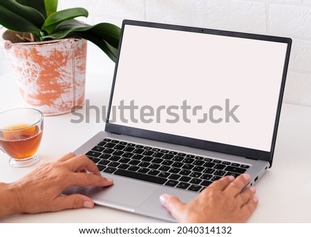 Mature woman typing on keyboard using laptop computer. White desktop and brick wall. Work, social, technology concept