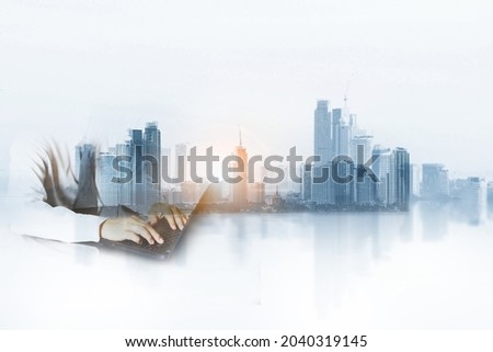 Photo of businessman working . Double exposure photo of business people working and rushing in office, International finance consulting concept. Double exposure