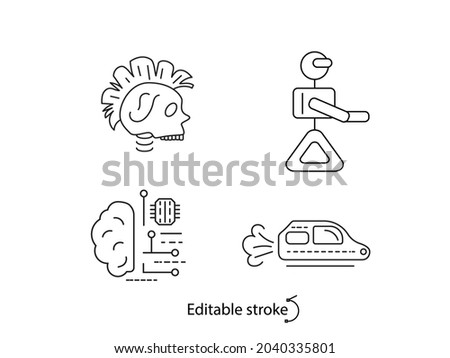 Cyberpunk outline icons set. Futuristic flying car.High tech technology brain. Skull with mohawk. Customizable linear contour symbols collection. Editable stroke. Isolated vector stock illustration