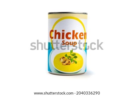 A fake generic labelled food can of chicken soup isolated on white Royalty-Free Stock Photo #2040336290