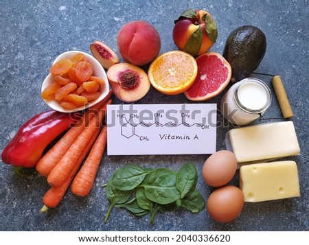 Food rich in vitamin A (retinol) with structural chemical formula of vitamin A molecule. Natural products containing vitamin A. Fruits and vegetables high in provitamin A and beta carotene. Royalty-Free Stock Photo #2040336620