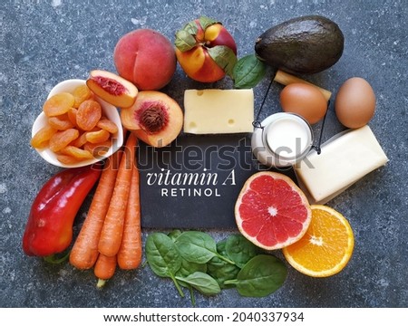 Food rich in vitamin A (retinol). Natural products containing vitamin A. Fruits and vegetables high in provitamin A and beta carotene. Healthy sources of vitamin A and beta carotene, healthy diet food Royalty-Free Stock Photo #2040337934