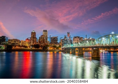 Portland city downtown skyline  cityscape of Oregon, in USA at sunset