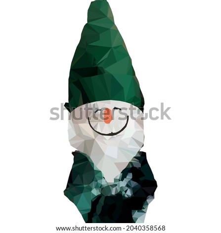 Christmas illustration of a smiling snowman with green scarf and hat. low poly vector