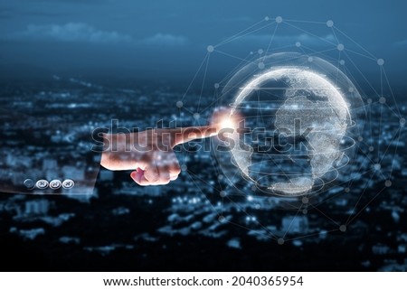 Global network concept, Woman hand touching global network and data exchanges over the world 3D rendering.