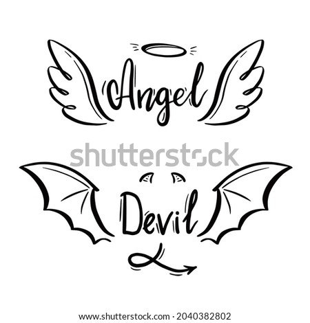Angel and devil stylized vector illustration. Angel with wing, halo. Devil with wing and tail. Hand drawn line sketch style. Royalty-Free Stock Photo #2040382802