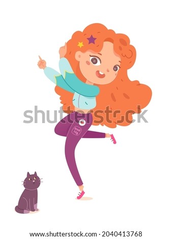 Cute little redhead girl dancing singing song having fun and positive emotion vector flat cartoon illustration. Happy female kid performing dance listening music with adorable gray cat isolated Royalty-Free Stock Photo #2040413768