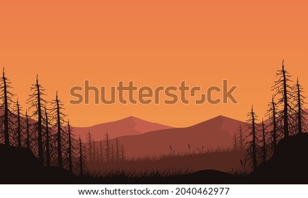 Beautiful views of the mountains in the countryside at dusk with the silhouette of dry trees around it. Vector illustration of a city