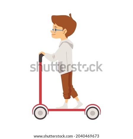 Cute child boy cartoon character riding scooter, flat vector illustration isolated on white background. Kid personage to illustrate children summer fun and sports.