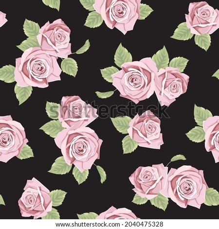 Seamless Pink Rose Flower Pattern With Black Color Background
