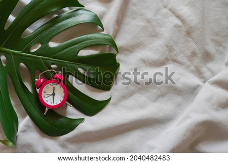 red Alarm clock with natural monstera leaf on grey bed, copy space