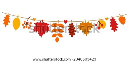 Beautiful autumn leaves hanging on a string. Fall Season Banner in flat style. Colorful seasonal garland with maple and oak leaves. Isolated on a white background. Hand drawn vector illustration. 