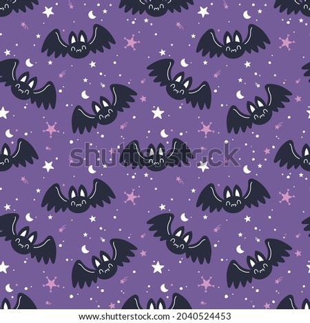 Halloween seamless vector pattern with cute hand drawn bat in the night sky. Kawaii holiday background for kids room decor, nursery art, print, fabric, wallpaper, wrapping paper, textile, packaging.