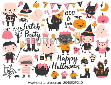 Cute Halloween set with a witch, black cat, vampire, zombie, and others. Perfect for scrapbooking, invitation cards, party decor, poster, tag, sticker kit. Hand drawn vector illustration. 