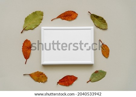 An empty white picture frame and colorful autumn leaves in a circle on a beige background. Top view, abstract, design. 