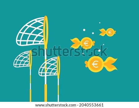 Pool or fish net with euro coins as golden fish. Catch, hunt, chase money goldfish. Achieve goals, financial success, business income concept.  Vector illustration isolated on blue background. 