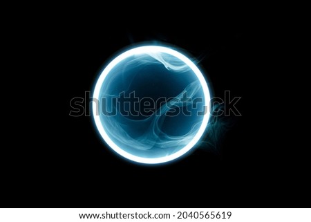 Futuristic smoke. Neon green color geometric circle on a dark background. Round mystical portal. Mockup for your logo. Royalty-Free Stock Photo #2040565619