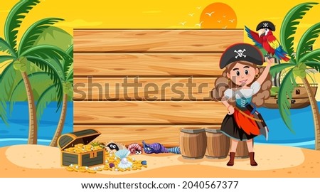 Empty wooden banner template with pirate woman at the beach sunset scene illustration