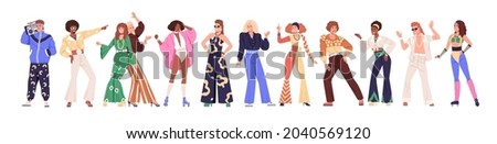 Set of people from 80s. Man and woman dance disco in retro-styled fashion outfits of 1980s. Stylish characters in party clothes of eighties. Flat vector illustration isolated on white background Royalty-Free Stock Photo #2040569120