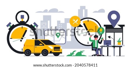 Online food delivery service. An office worker got the idea to order food delivery. City, office, work desk, lunch break, courier car, time, watch, map, street, location, gps. Vector illustration.