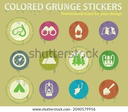 Active recreation and camping colored grunge icons with sweats glue for design web and mobile applications
