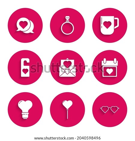 Set Envelope with Valentine heart, Balloons form of, Heart shaped love glasses, Calendar, light bulb, Please do not disturb, Coffee cup and and speech bubble icon. Vector